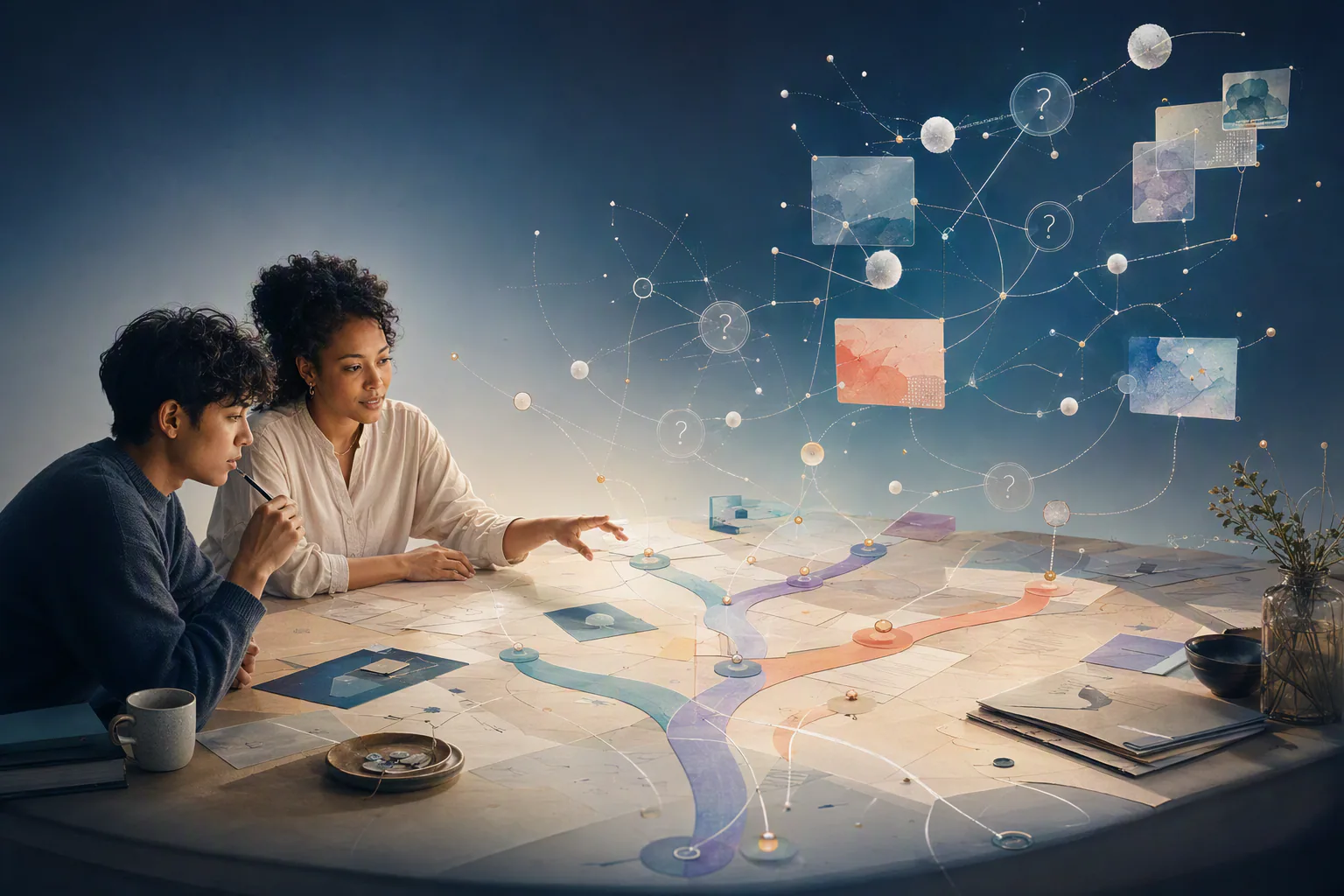 A learner and human guide explore an abstract constellation of possible questions and pathways.