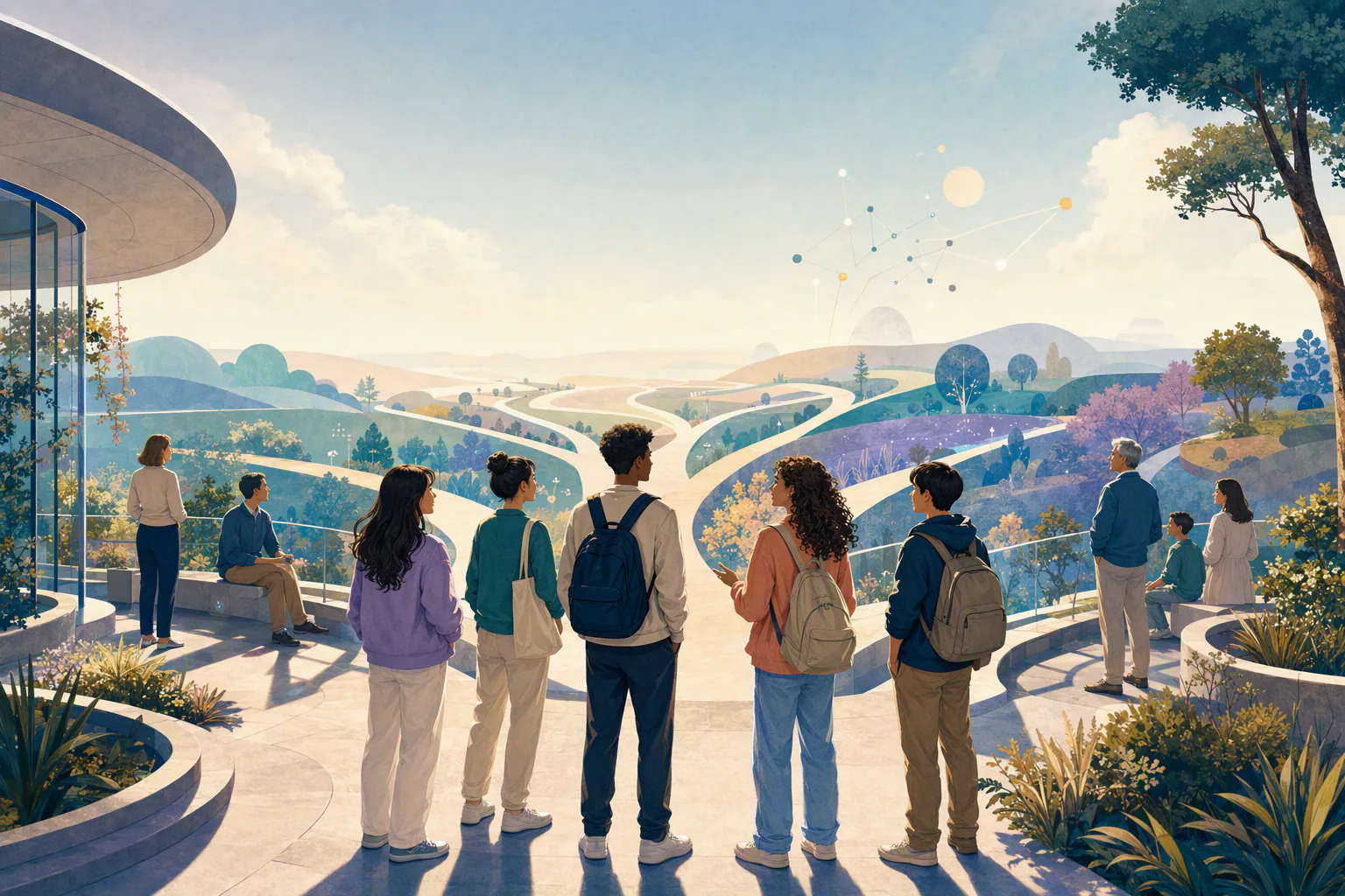 Students consider several illuminated learning and career pathways with supportive guides nearby.