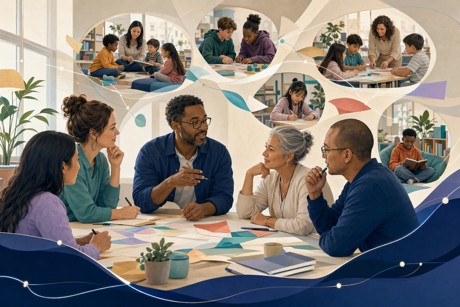 Educators collaborate around abstract, connected learning signals while students remain central.